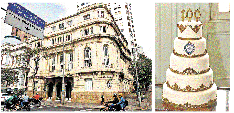 fachada do Autom&oacute;vel Clube, que celebrou 100 anos e o bolo comemorativo do centen&aacute;rio