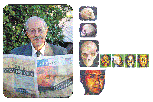 O professor Eduardo Daruge em foto de 2011 e imagens da reconstituição facial que revelou, há 15 anos, os traços de José Resende Costa, um dos inconfidentes que morreram no exílio -  (crédito: Revista Memoria Cult/Reprodução)