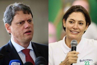 Montagem com foto de Tarcísio de Freitas à esquerda e Michelle Bolsonaro à direita  -  (crédito: Wilson Dias/Agência Brasil e JL ROSA / AFP)