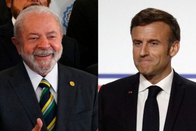 Montagem: Lula x Macron -  (crédito: LUIS ROBAYO/ BENOIT TESSIER / AFP)