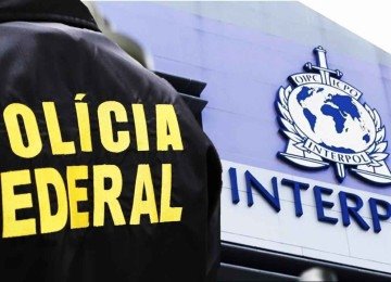 Polícia Federal de costas com símbolo da interpol ao fundo -  (crédito: Reprodução/Policia Federal)