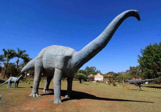 Montagem do dinossauro Uberabatitan Ribeiroi, em Peirópolis, um dos geossítios do Geoparque Uberaba, onde fica o Museu dos Dinossauros -  (crédito: L. Adolfo/Esp. EM)