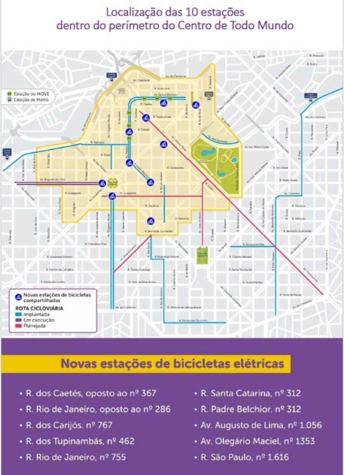Mapa de estações de bicicletas elétricas no Centro de BH