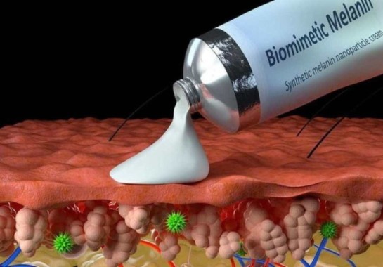 Representação artística da aplicação da melanina sintética na pele inflamada: logo abaixo da superfície, estão os radicais livres (verde)  -  (crédito:  Yu Chen, Northwestern University)