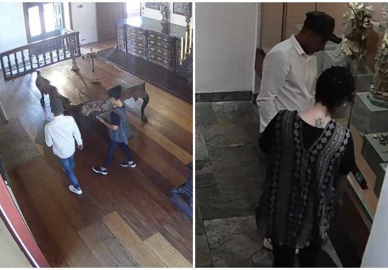 Casal que furtou rosário beneditino no Museu de Arte Sacra de Ouro Preto foi flagrado por meio de câmeras de segurança do local -  (crédito: Circuito interno de TV/Reprodução)