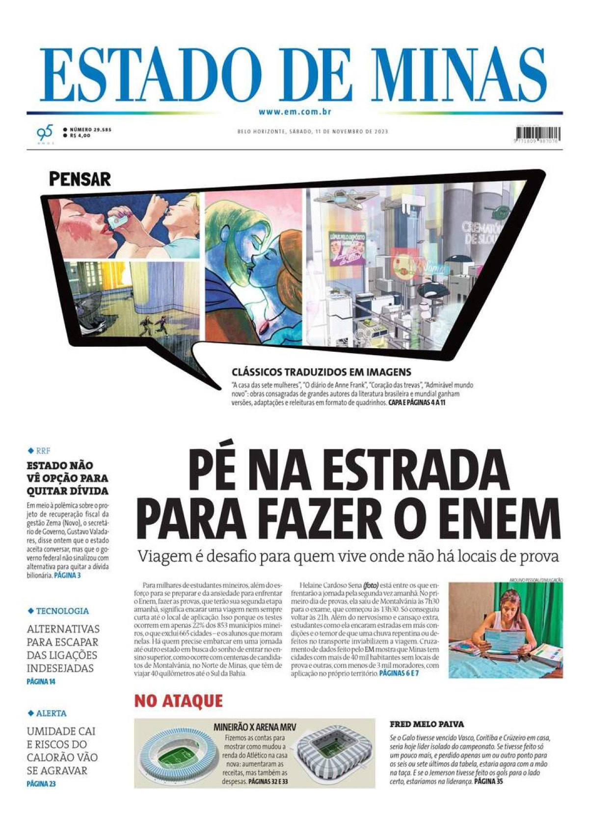 Confira a capa do Jornal Estado de Minas do dia 11/11/2023