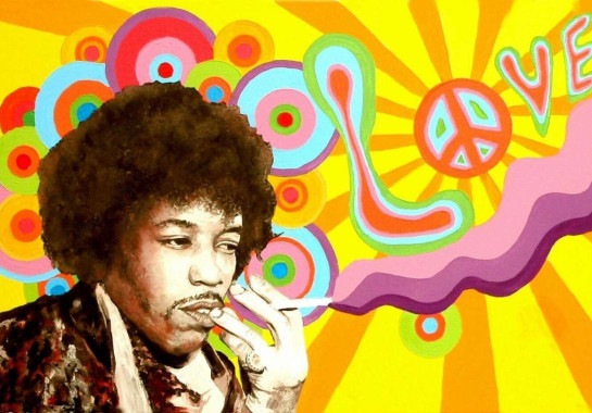 Arte com imagem de Jimi Hendrix, com fundo escrito 'amor' em inglÃªs -  (crédito: stuarthampton - pixabay.com)