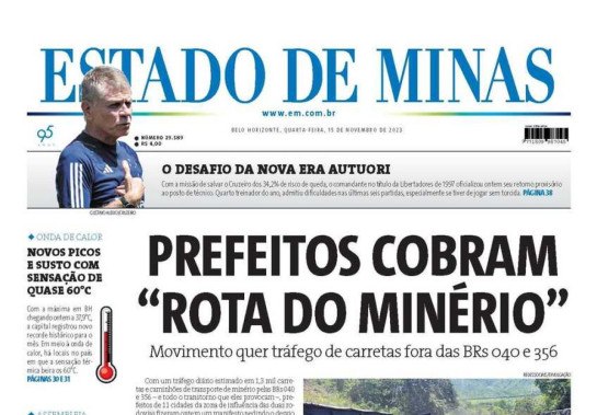 Confira a capa do Jornal Estado de Minas do dia 15/11/2023 -  (crédito: Alexandre Perez)