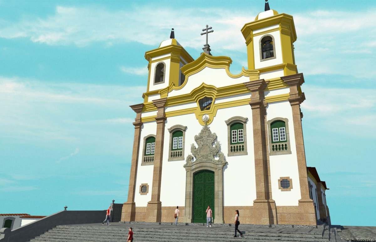 Projeto de restauração arquitetônica da Igreja São Francisco de Assis de Mariana (MG). Maquete eletrônica, fachada noroeste.