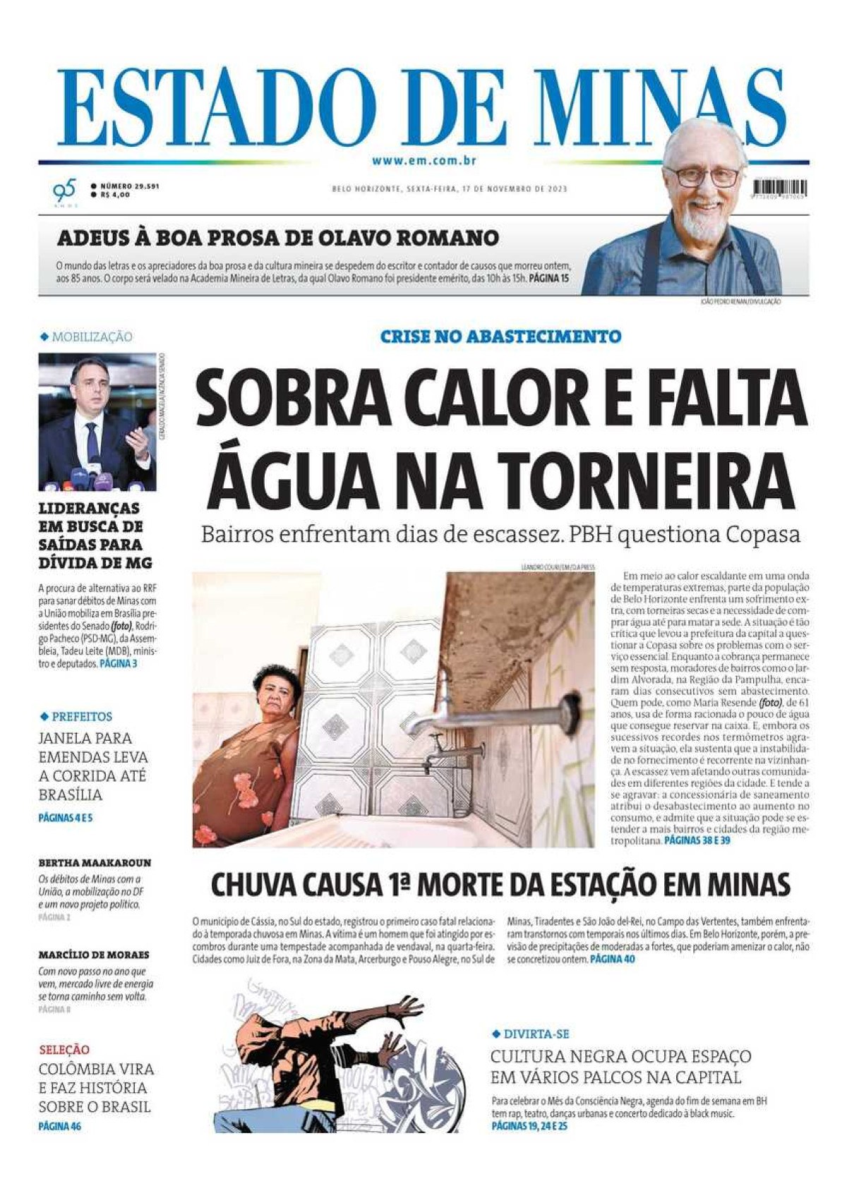 Confira a capa do Jornal Estado de Minas do dia 17/11/2023