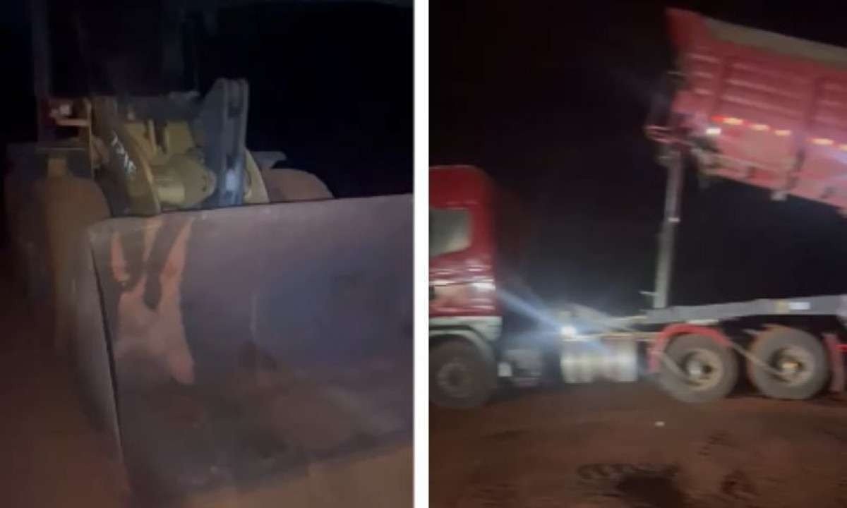Polícia Militar apreendeu uma retroescavadeira e dois caminhões em operação contra o minério de ferro, em Nova Lima -  (crédito: PMMG/Divulgação)