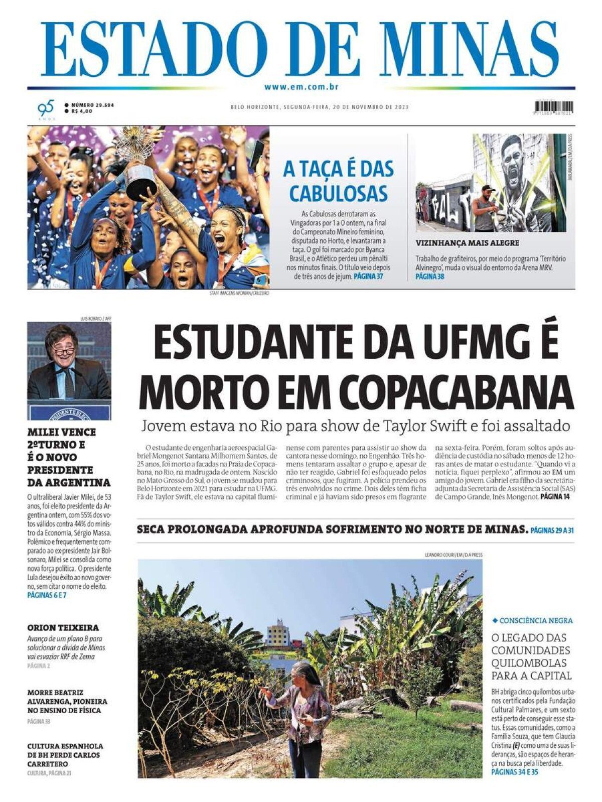 Capa do Jornal Estado de Minas 20/11/2023