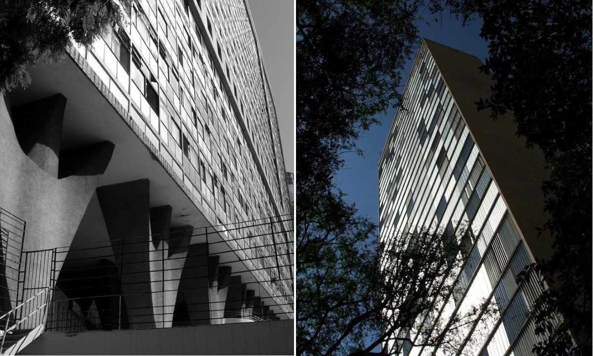 Montagem com o Edifício JK, na Praça Raul Soares, em BH, em dois ângulos diferentes