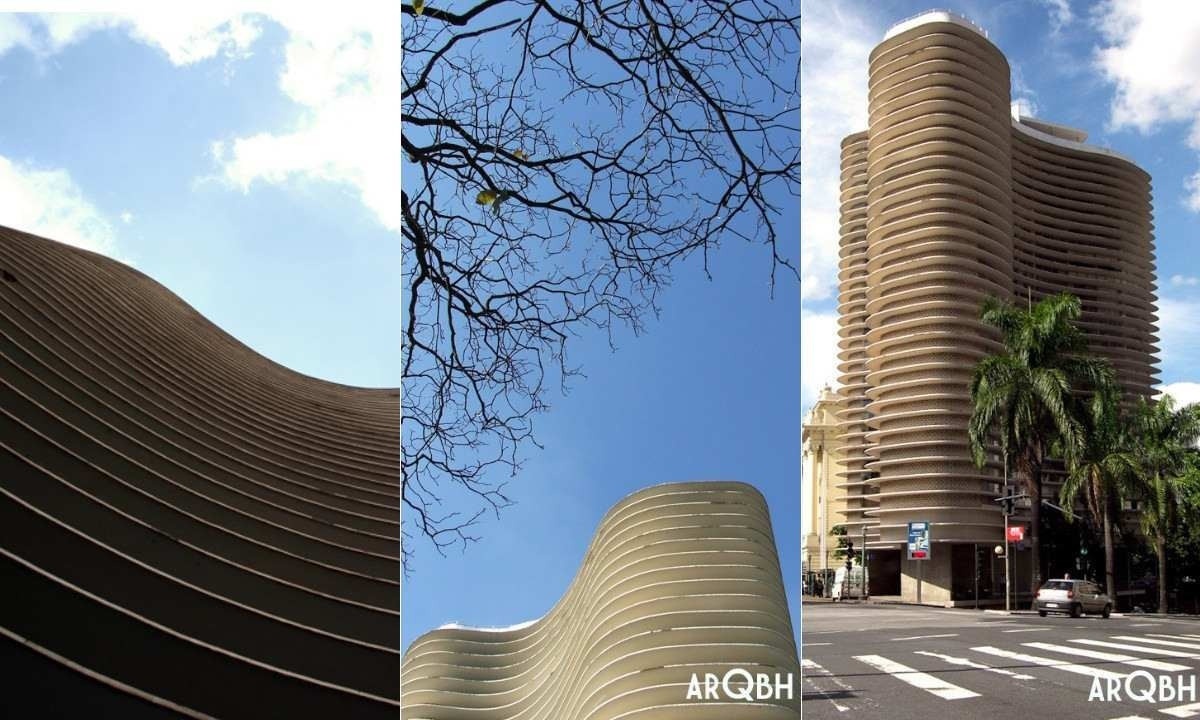 Montagem de 3 fotos do Edifício Niemeyer, na praça da liberdade, em bh; uma mostra um corte frontal, outra, mais de longe, e a última, o prédio inteiro