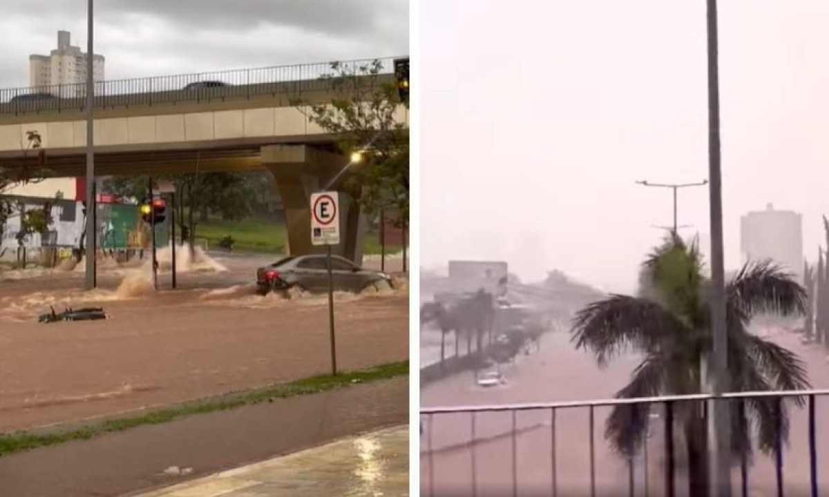 Ao menos 48 veículos foram arrastados pela enxurrada na Avenida Rondon Pacheco, em Uberlândia -  (crédito: Redes Sociais/Reprodução)