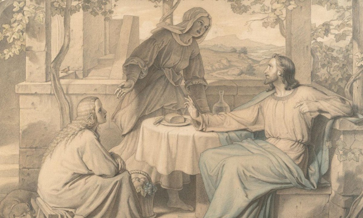 Jesus com Marta e Maria, ilustração sobre passagem bíblica. Obra de 1866, de Carl Peschel -  (crédito: Domínio Público)
