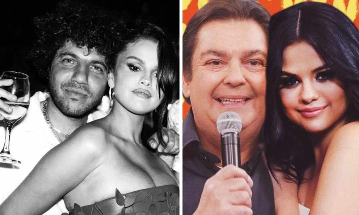 Montagem da cantora Selena Gomez com o novo namorado e ao lado do apresentador Faustão  -  (crédito: Reprodução / redes sociais)