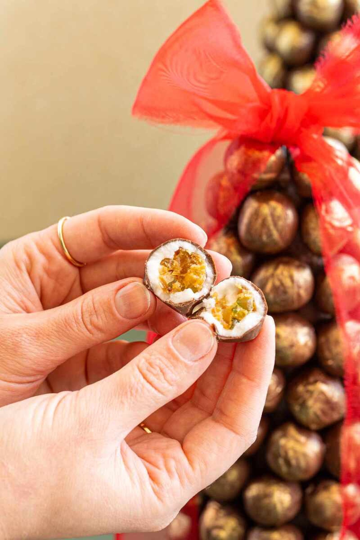 Para que a árvore tenha sabores natalinos, Mariana Mussi envolve o panetone com frutas cristalizadas na massa de bala de coco e cobre com chocolate meio amargo 