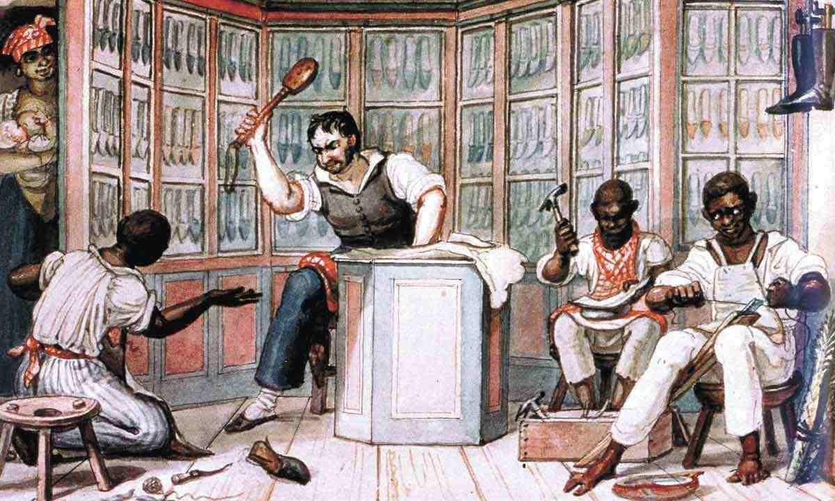 Litografia de Jean-Baptiste Debret datada do século 19 mostra patrão branco agredindo escravo no Rio de Janeiro -  (crédito: Museu Castro Maya/reprodução)