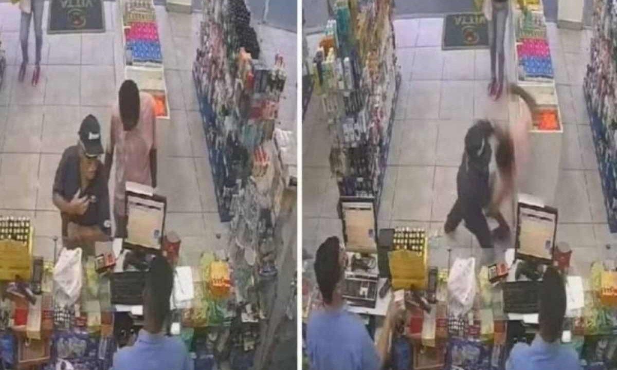 Vídeo que mostra o momento em que o suspeito tenta pegar dinheiro do bolso do idoso -  (crédito: Reprodução/redes sociais)
