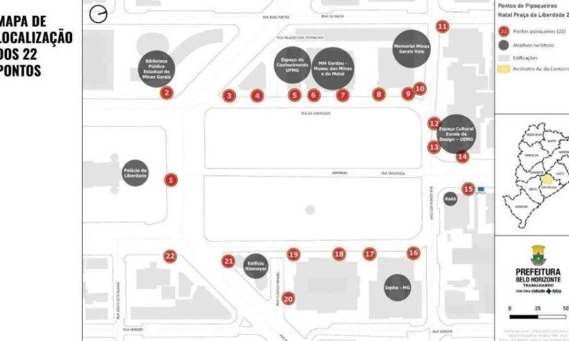 Um mapa com alguns pontos de venda de uma praça em Belo Horizonte