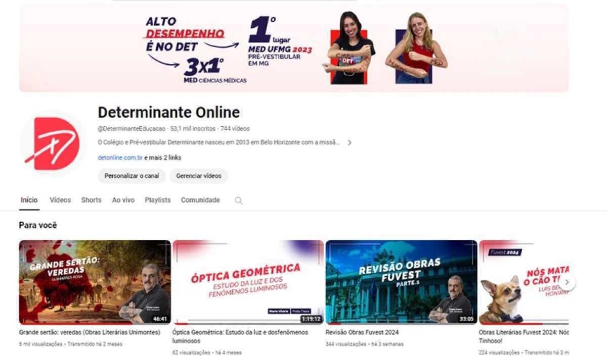 Canal do Determinante no Youtube oferece centenas de vídeos gratuitos