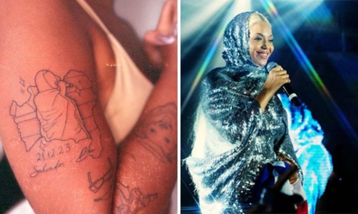 Além da silhueta da diva pop, que usou um manto prateado brilhante cobrindo a cabeça e o colo, a jovem tatuou o mapa da Bahia -  (crédito: instagram/reprodução / TV Globo/reprodução)