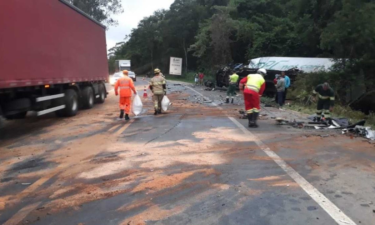 Vítimas foram socorridas mas condutor do caminhão não resistiu aos ferimentos e morreu; acidente aconteceu na BR-116, em Manhuaçu -  (crédito: CBMMG / Divulgação)