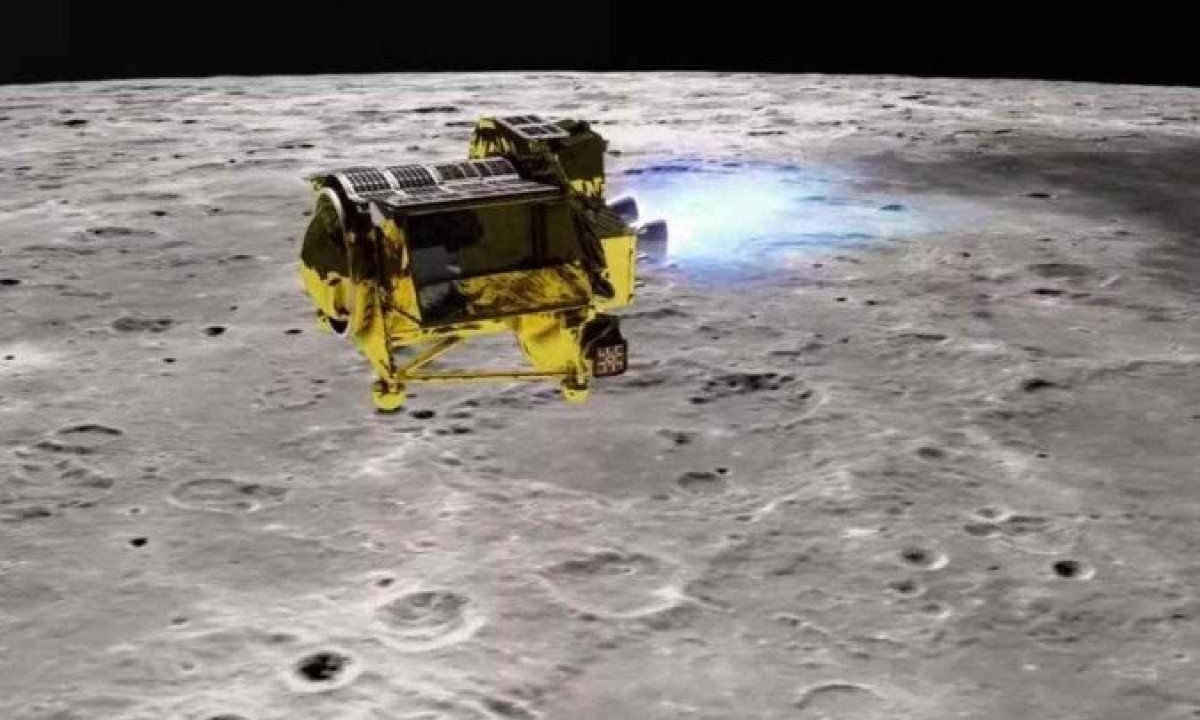 Impressão artística do módulo SLIM cruzando a superfície lunar -  (crédito: JAXA/Divulgação)