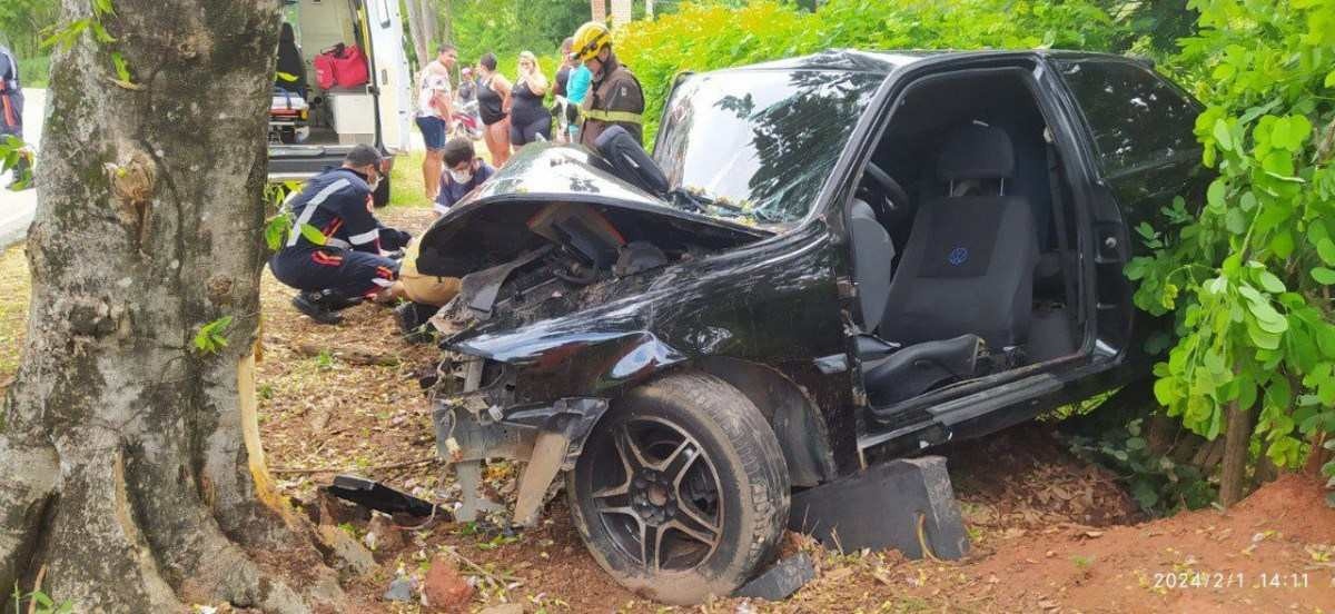 Motorista bateu de frente em árvore na MGC-265, próximo a Muriaé, no interior de Minas -  (crédito: Corpo de Bombeiros/Divulgação )