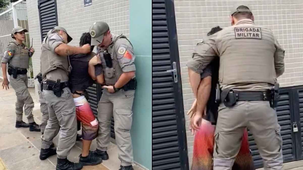 Vídeos divulgados em redes sociais mostram o motoboy sendo prensado contra a parede por policiais -  (crédito: Reprodução)