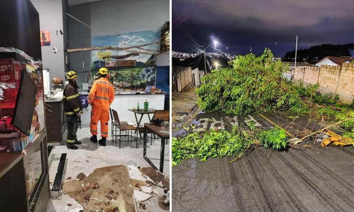 Chuva derrubou árvores e causou o desabamento do teto de um estabelecimento comercial  -  (crédito: Corpo de Bombeiros de Araxá/Divulgação)