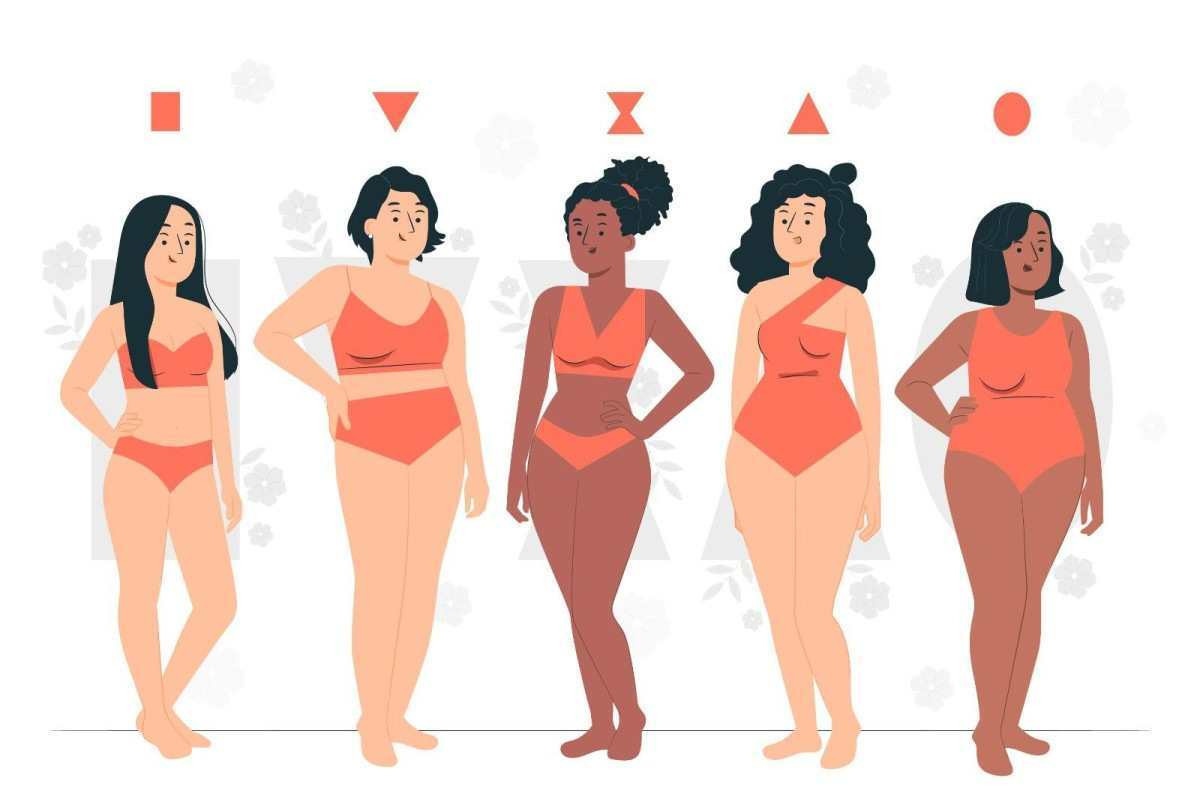Ilustração com cinco mulheres de corpo inteiro, apresentando altura e peso diferentes, demonstram que elas estão se libertando para viver como quiserem com os próprios corpos, independentemente, de padrões sociais impostos