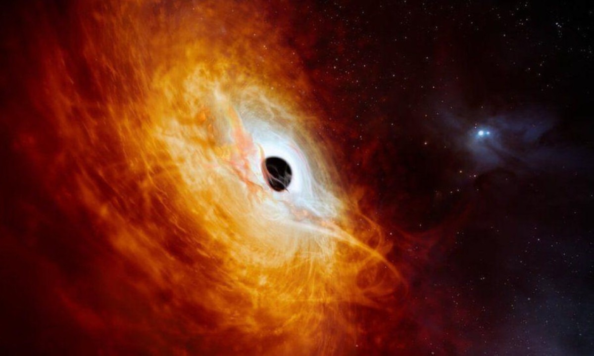 Arte: O núcleo brilhante do J0529-4351 é alimentado por um buraco negro supermassivo -  (crédito: ESO)