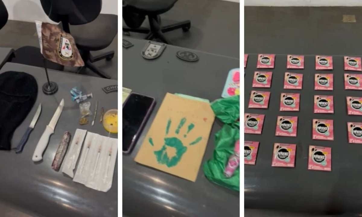 Polícia apreendeu diversos preservativos, brinquedos infantis, duas facas, touca ninja e o celular do autor -  (crédito: PMMG/Divulgação)
