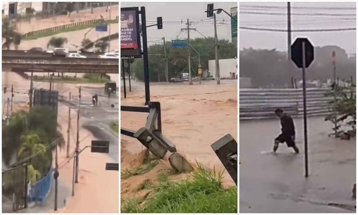 Contagem registrou fortes chuvas nesta tarde, o que causou alagamentos de ruas e avenidas -  (crédito: Redes sociais/Reprodução)