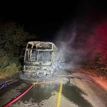 Ônibus com 19 passageiros fica destruído em incêndio em rodovia de Minas - CBMMG