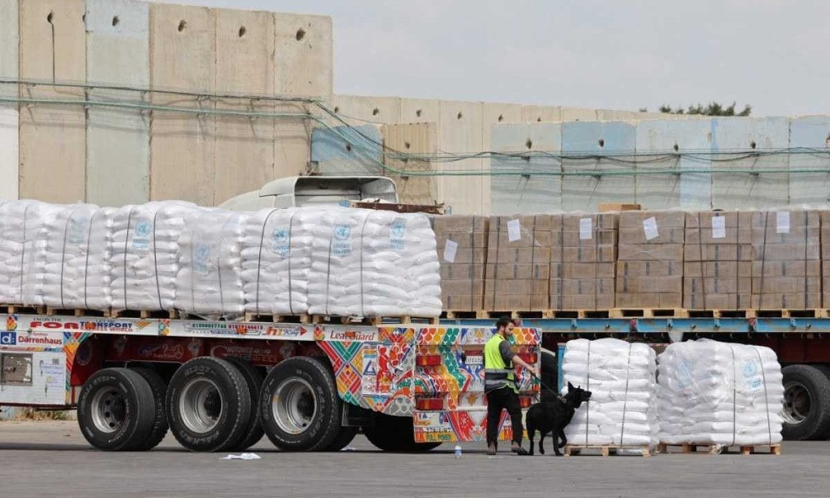  Cão fareja remessas de ajuda previstas para Gaza na passagem de fronteira de Kerem Shalom (Karm Abu Salem), em 14 de março de 2024 -  (crédito: JACK GUEZ/ AFP)