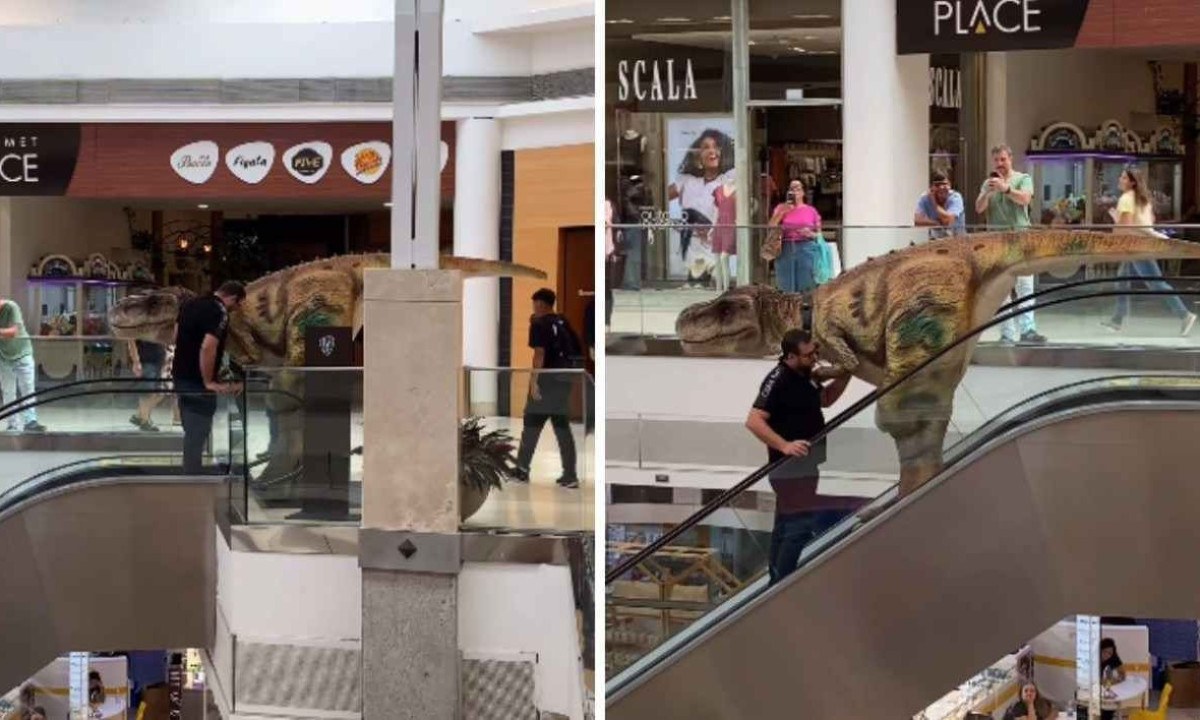 Dinossauro Rodolfo levou alguns minutos para conseguir entrar na escada rolante -  (crédito: Reprodução / Redes sociais)