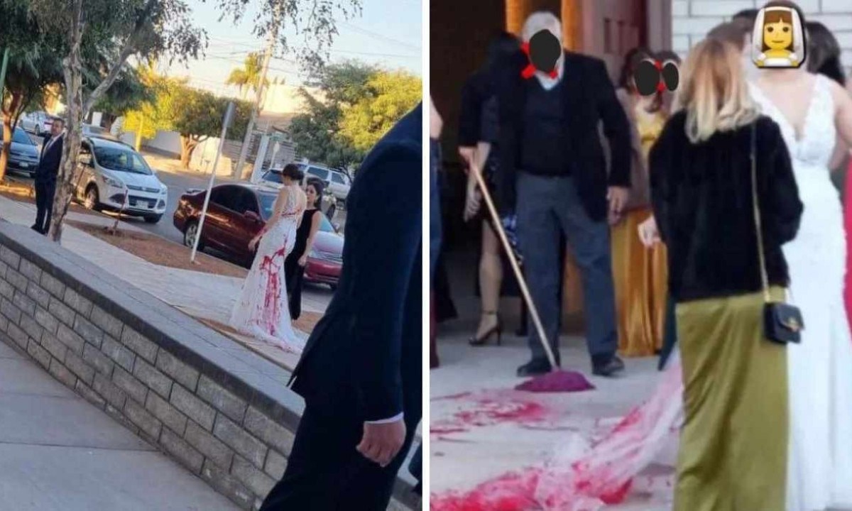 Noiva foi atingida por tinta vermelha durante casamento -  (crédito: Reprodução / redes sociais)