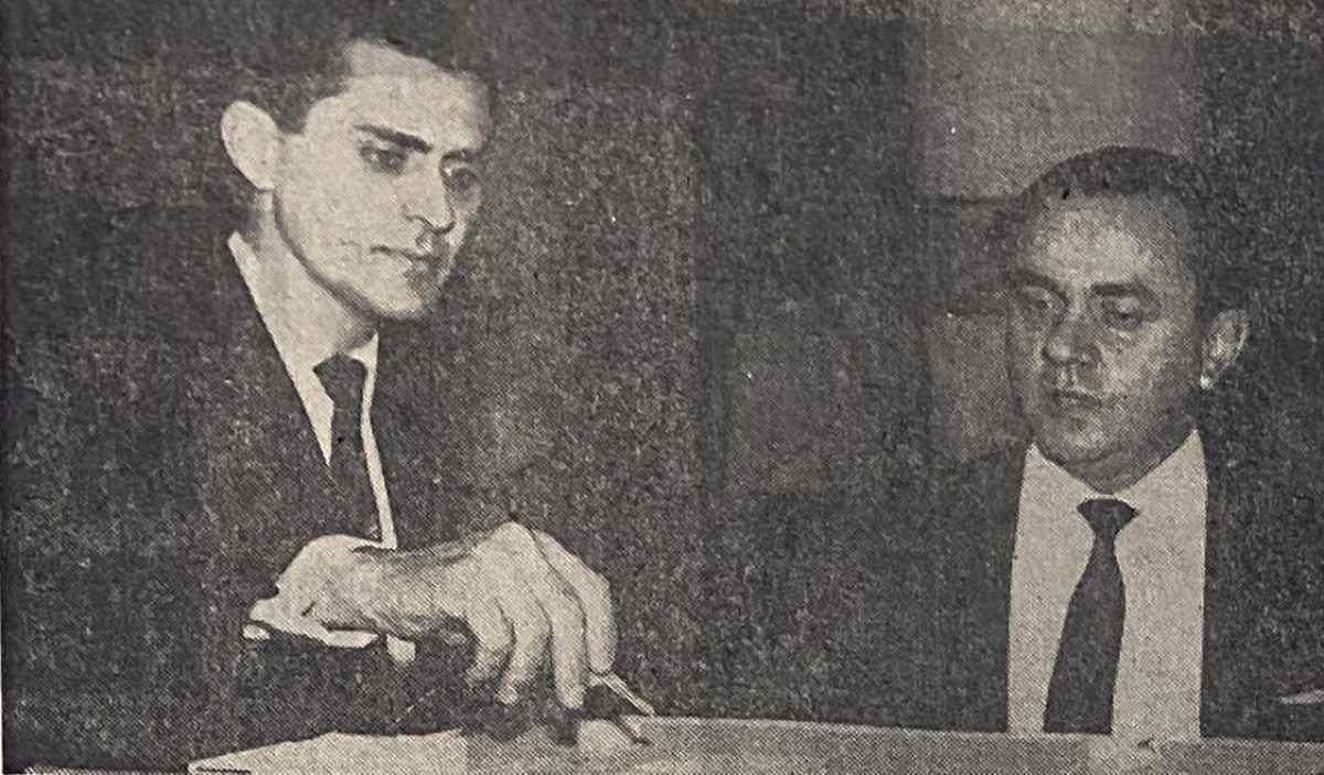 Ulysses Vieira Chaves e Ari Vieira Chaves apresentam o empreendimento imobiliário da Galeria Ouvidor, em 1963