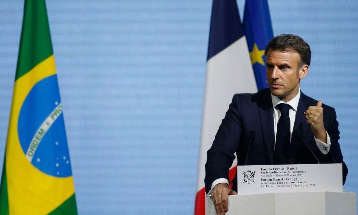 Presidente francês discursou na sede da Federação das Indústrias de São Paulo (Fiesp) -  (crédito: Miguel Schincariol / AFP)