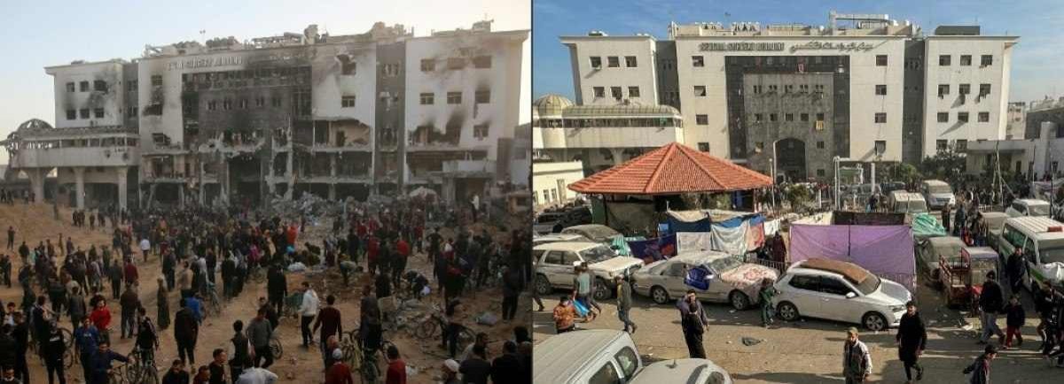  Como ficou e como era o  Hospital Al-Shifa, em Gaza -  (crédito:  AFP)