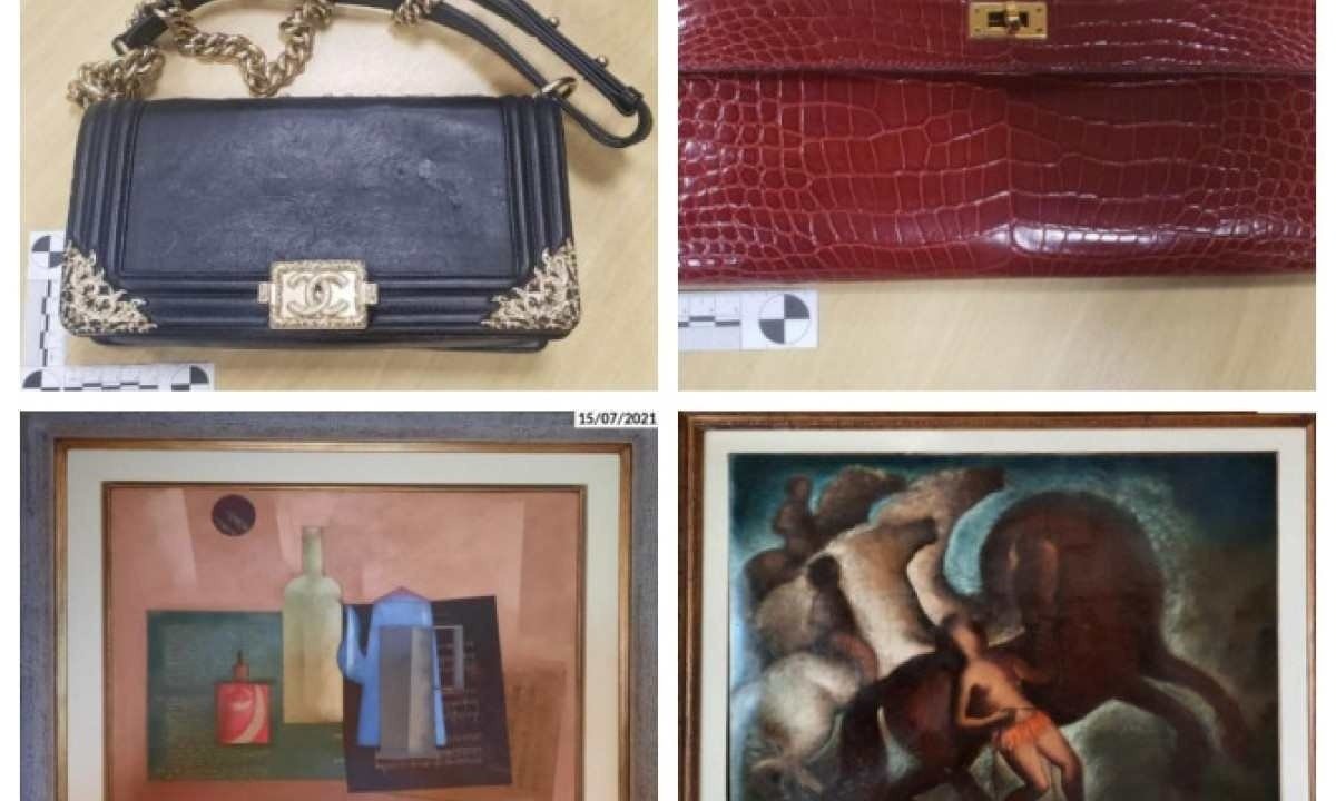 Montagem com fotos dos itens leiloados. No sentido horário: bolsa Chanel; bolsa Hermès, tela de Carlos Scliiar e tela de Orlando Teruz -  (crédito: Reprodução)