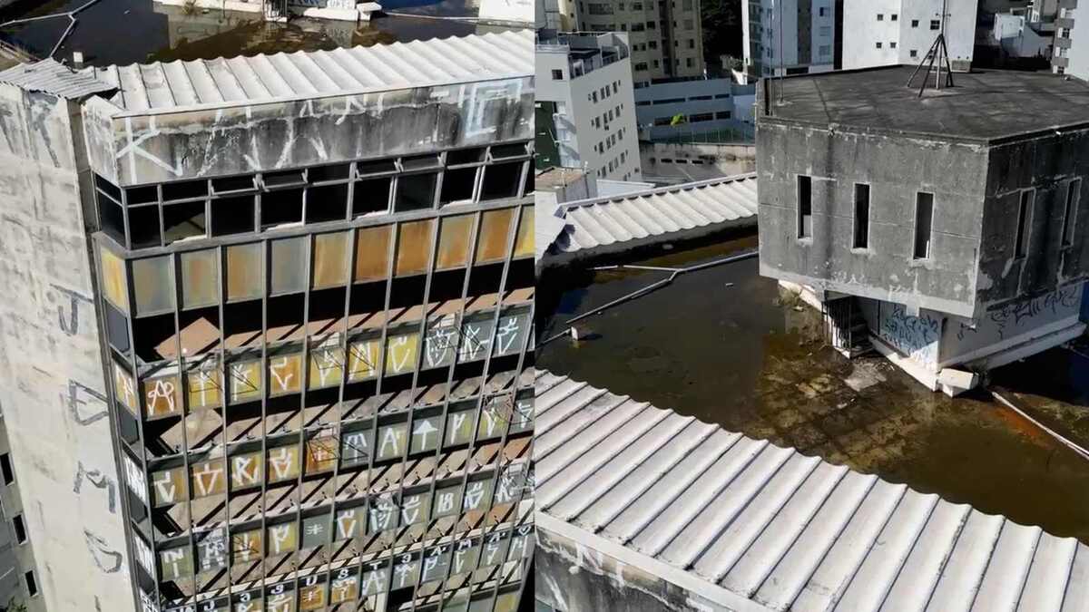 Montagem mostra a depredação do edifício onde funcionou o Dnit e o acúmulo de água no topo do prédio, propício para a reprodução do mosquito da dengue