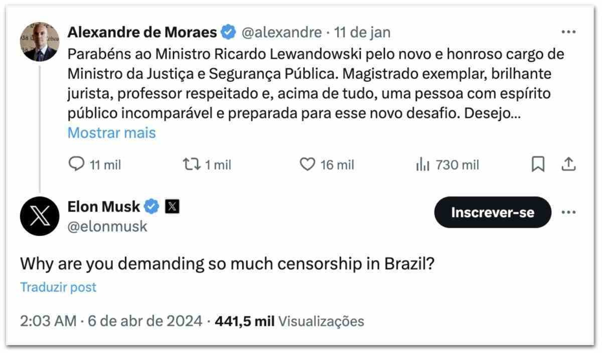 Musk pergunta para Moraes sobre censura no Brasil