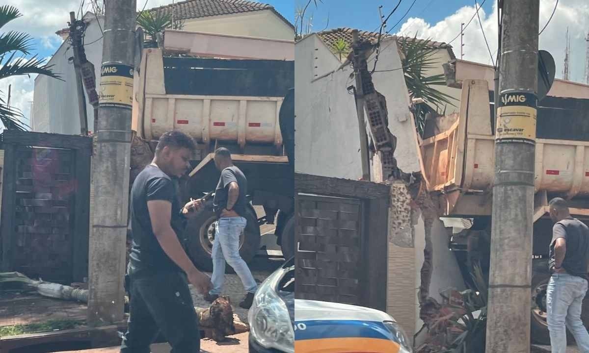 Um caminhão perdeu o controle e bateu no muro de uma casa na Rua Jornalista Djalma Andrade, no bairro Belvedere, na região Centro-Sul de BH, nesta quarta-feira (10/4)
 -  (crédito: Leandro Duarte/Reprodução)