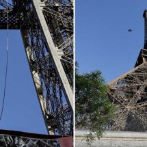 Francesa bate recorde mundial subindo 110m da Torre Eiffel com os braços e uma corda - STEPHANE DE SAKUTIN / AFP