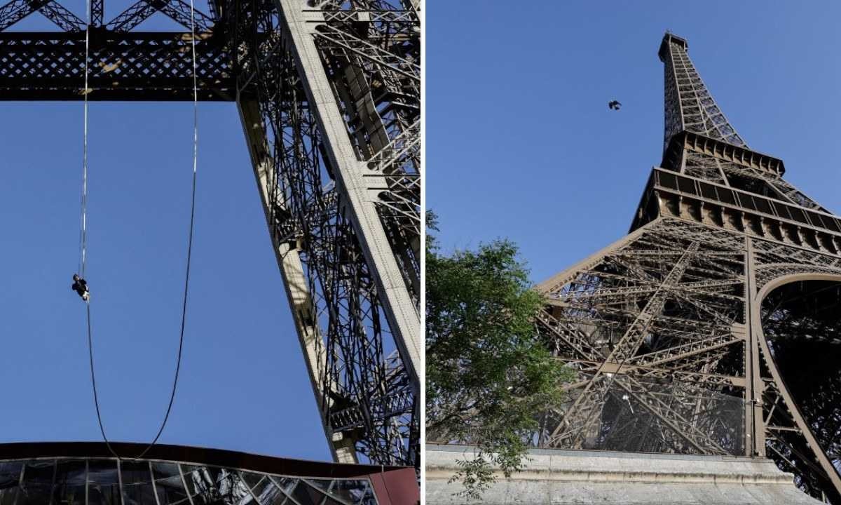 Anouk Garnier na escalada  da Tour Eiffel, nesta quarta-feira (10/4), usando apenas a força dos braços e pernas e uma corda -  (crédito: STEPHANE DE SAKUTIN / AFP)