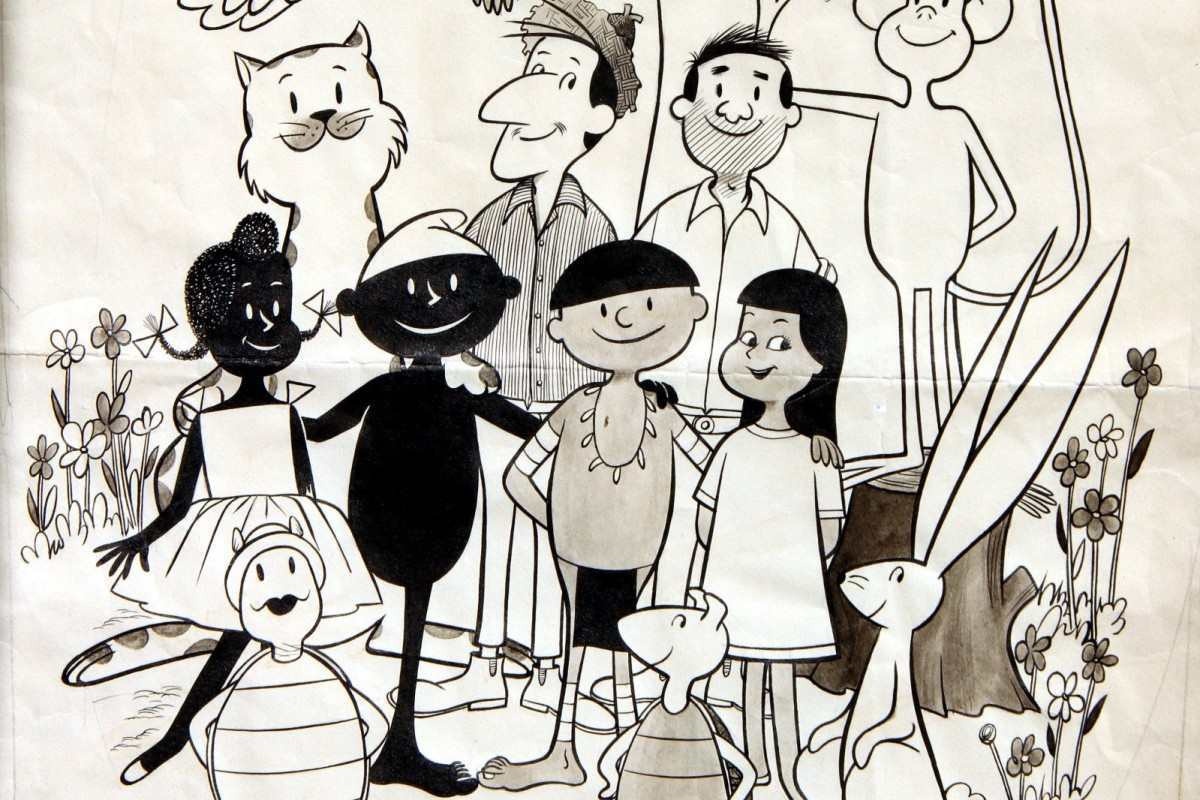 Detalhe do desenho de Ziraldo em que ele "posa" com seus personagens 